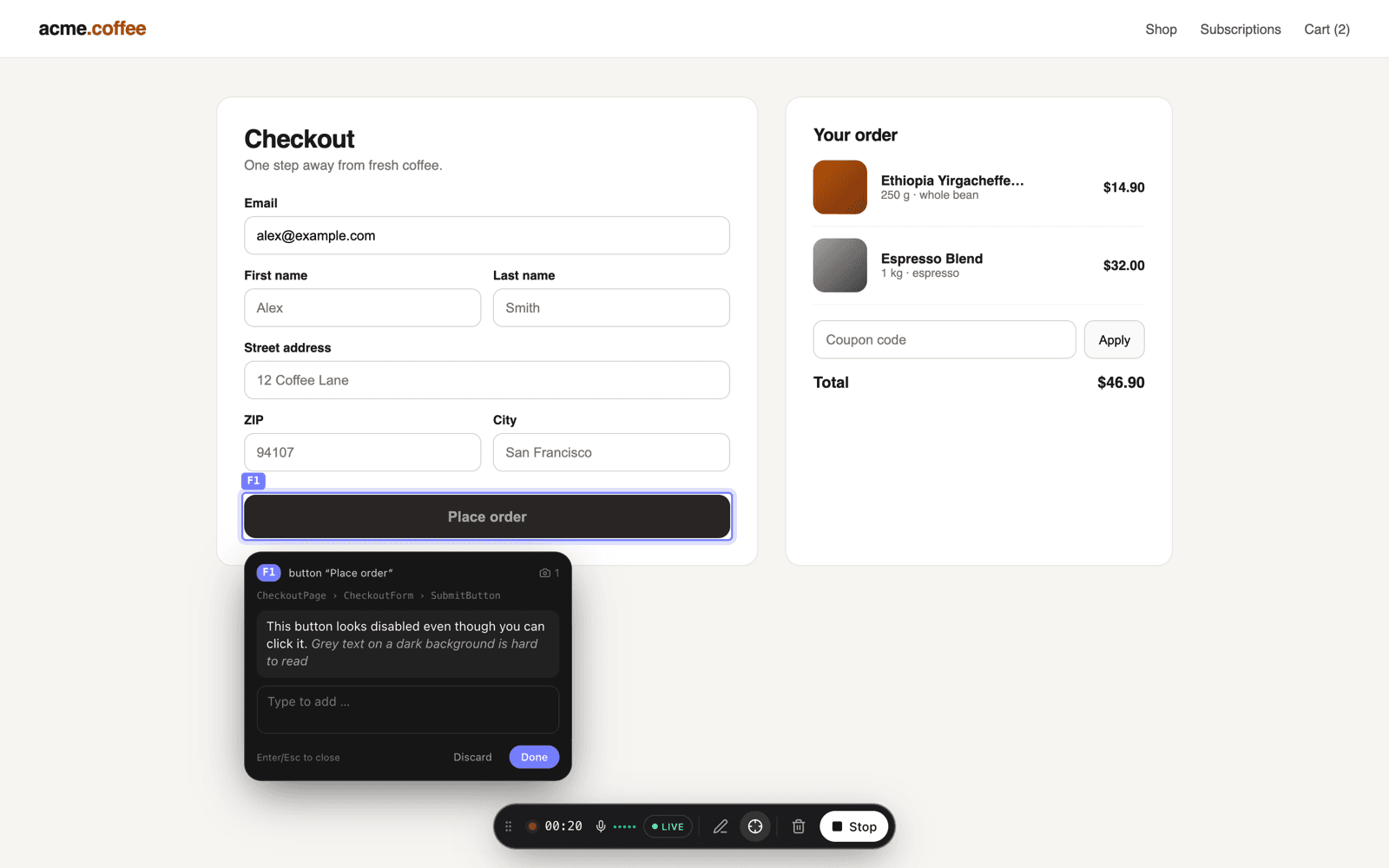 A right-click on the “Place order” button opens a feedback bubble that fills with what the tester says